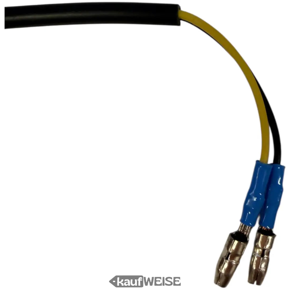 Schwarzer und gelber isoliertes Kabel mit blauem Schrumpfschlauch über Metallanschlüssen für NIU Bremslichtschalter links MQi NQi UQi Serie