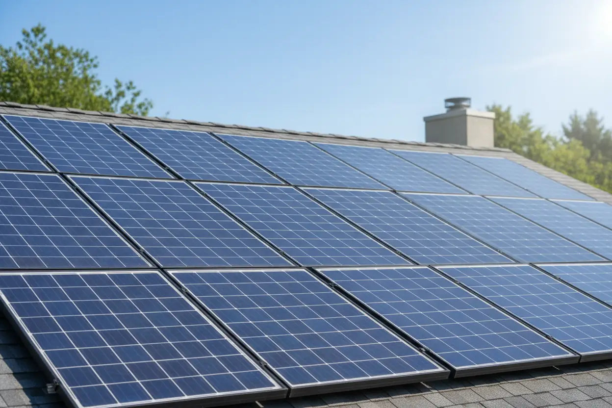 Blaue solarzellen aus glas auf einem schrägdach in reihen unter klarem himmel