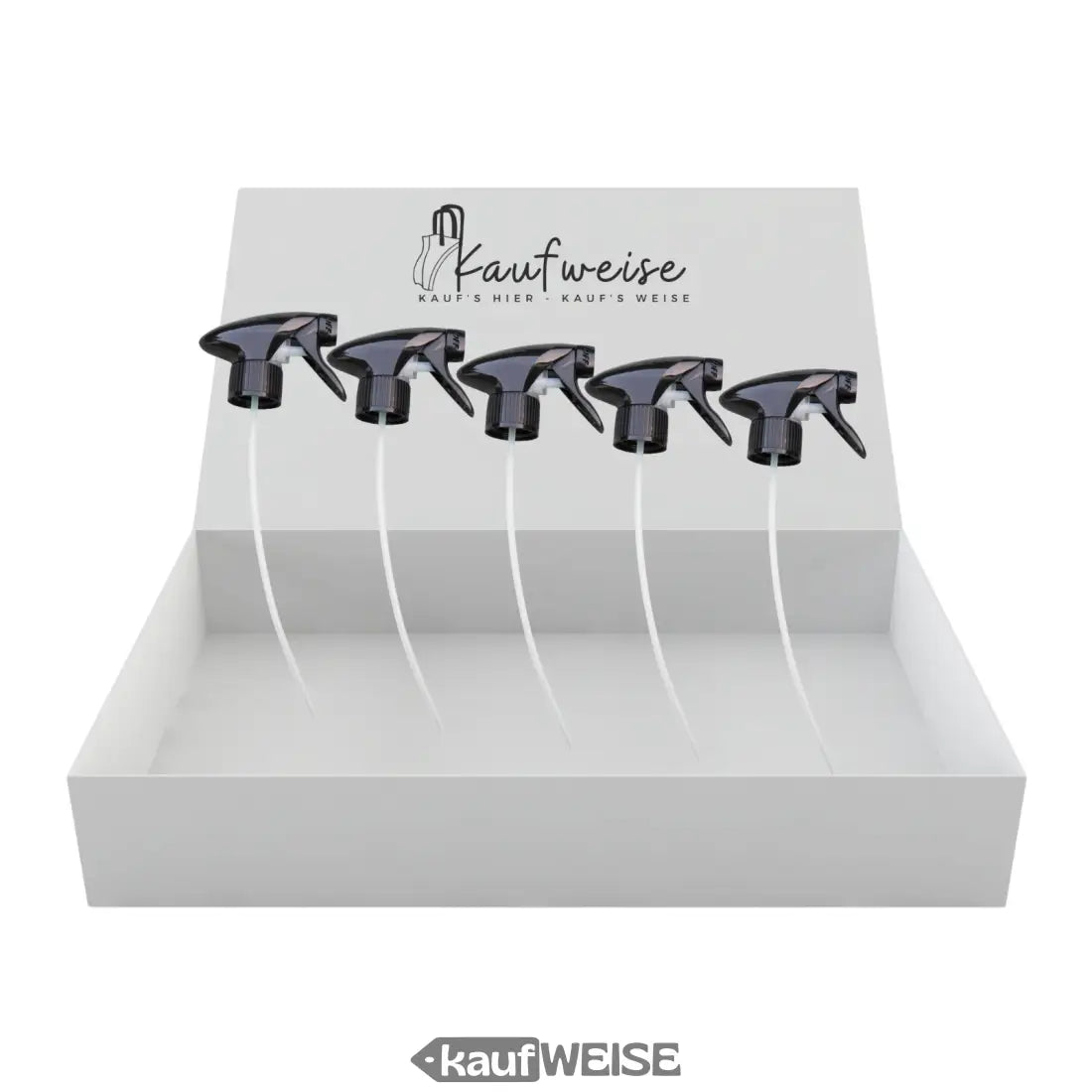 Fünf schwarze Sprühköpfe mit weißen Schläuchen in einer weißen Box für vielseitigen Einsatz