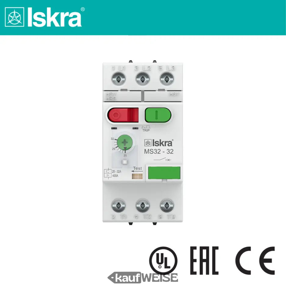 Iskra MS32-32 Motorschutzschalter, 25-32 A, 3-polig, 15 kW mit roten und grünen Tasten