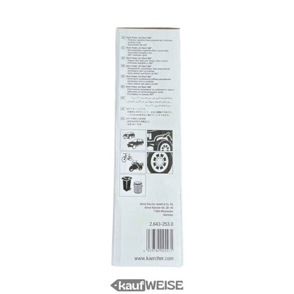 Weiße Box mit schwarzen Texten, Fahrräder, Reifen und Mülleimer für Kärcher VP 145 S