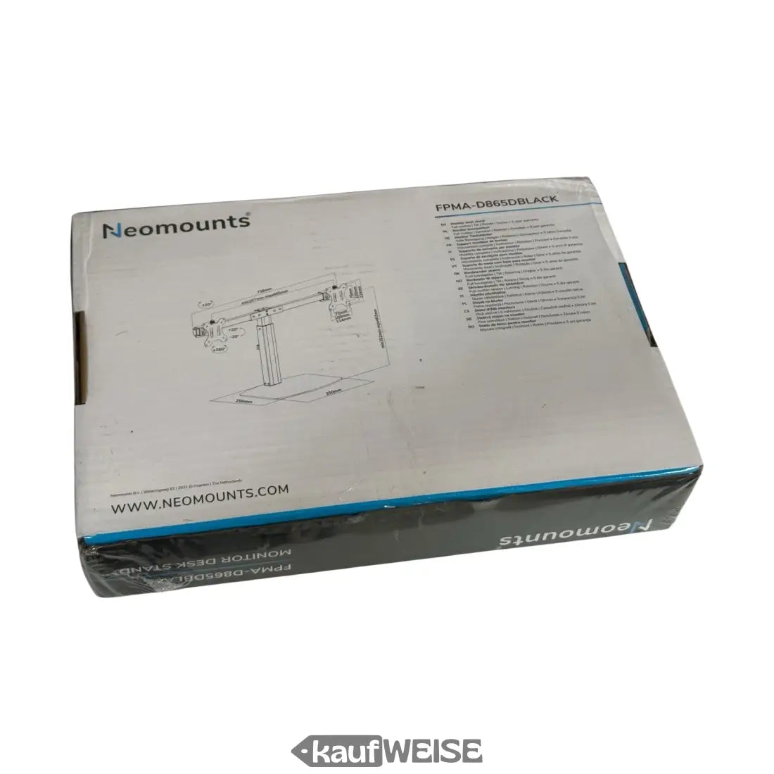 Neomounts Monitorständer-Verpackung, schwarz-weiß mit Produktbild