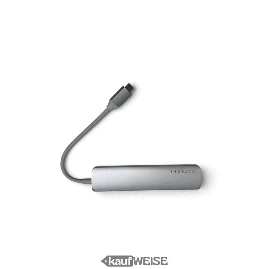 Silberner metallischer satechi v2 slim usb-c multiport adapter mit matter oberfläche und minimalistischem design