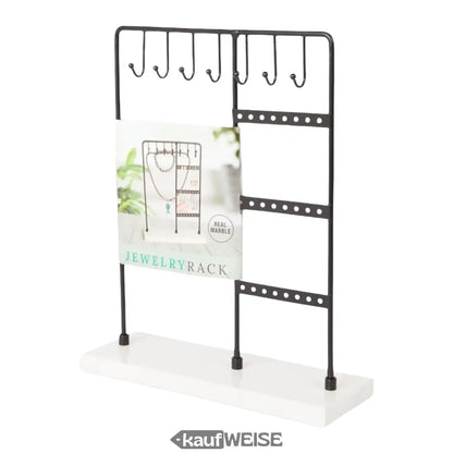 Schwarzer Metall-Schmuckständer mit weißer Basis und Marmorplatte für Kettenaufbewahrung