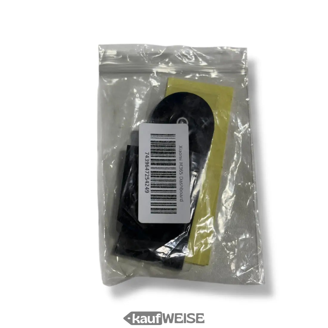 Schwarze Xiaomi M365 Dashboard Abdeckung in Klarsichtbeutel mit gelbem Blatt